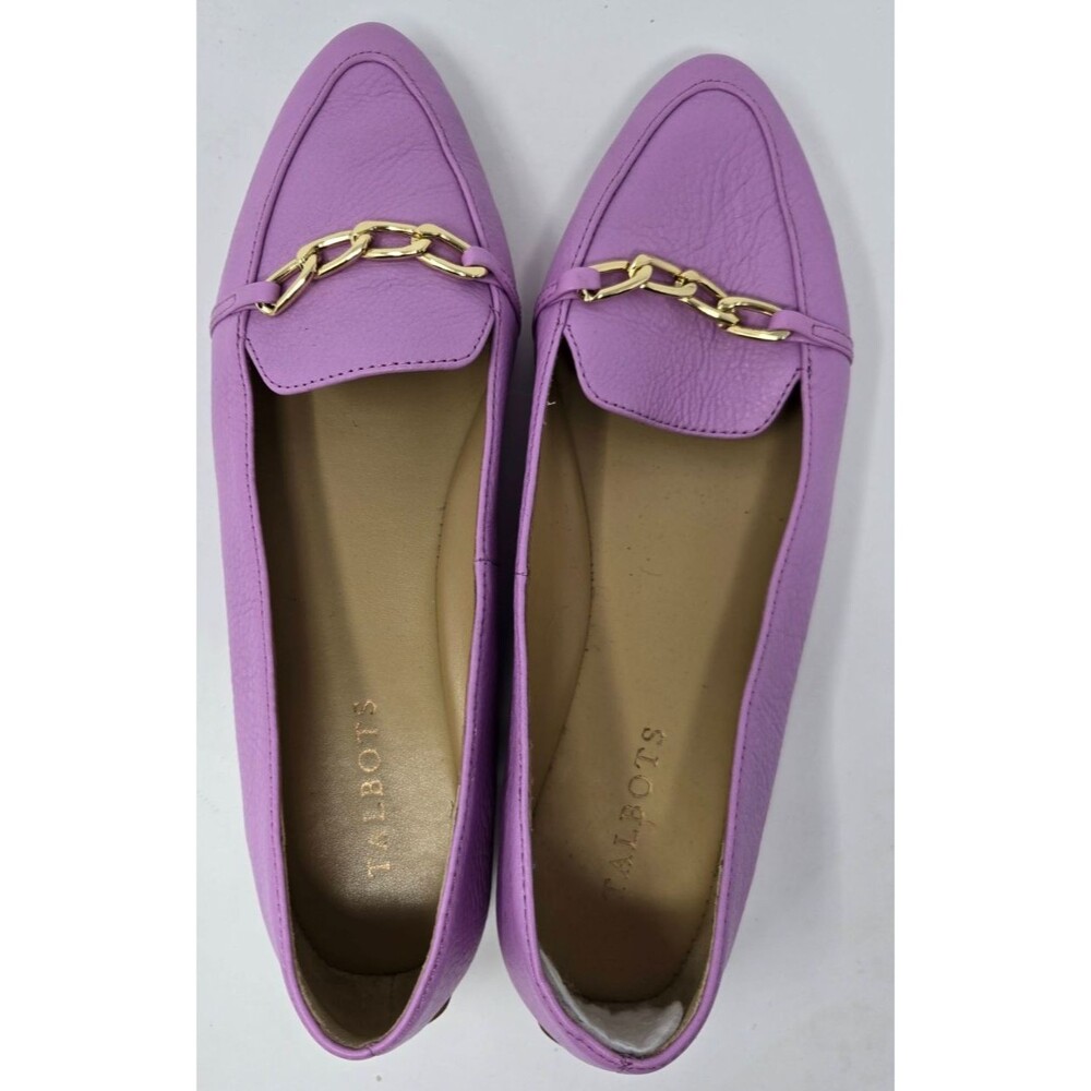 Talbots Lilac Purple Leather Loafers Gold Chain Flats Women's Size 8M Preppy - Picture 2 of 10